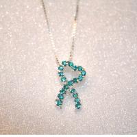 Crystal Heart Ovarian Cancer Awareness Teal Ribbon Necklace