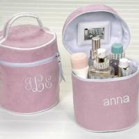 Pink Embroidered Suede Cosmetic Toiletry Case