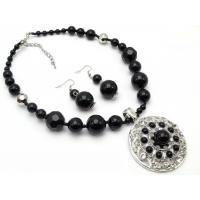 Black Stone Medallion Beaded Necklace and Earrings Set