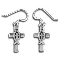 Sterling Silver Christian Fish Cross Earrings