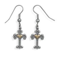 Sterling Silver and 14 Karat Gold Cross Earrings